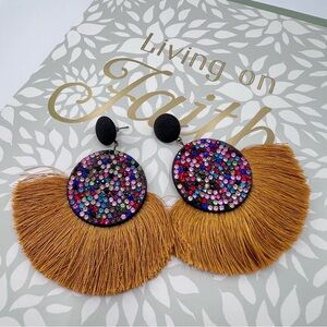 Multicolored Rhinestone and Gold Fringe Bohemian Post Earring
